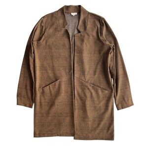 Hem & Thread Women L Brown Black Plaid Houndstooth Knit Open Front Long Cardigan